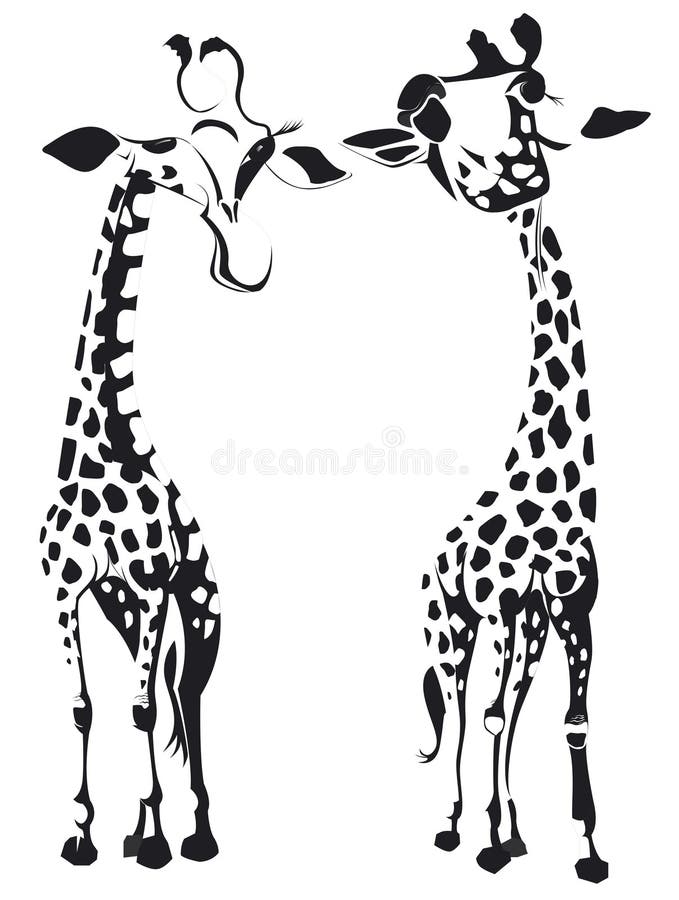 Two Giraffes Talking Together in Vector Black and White Stock Vector