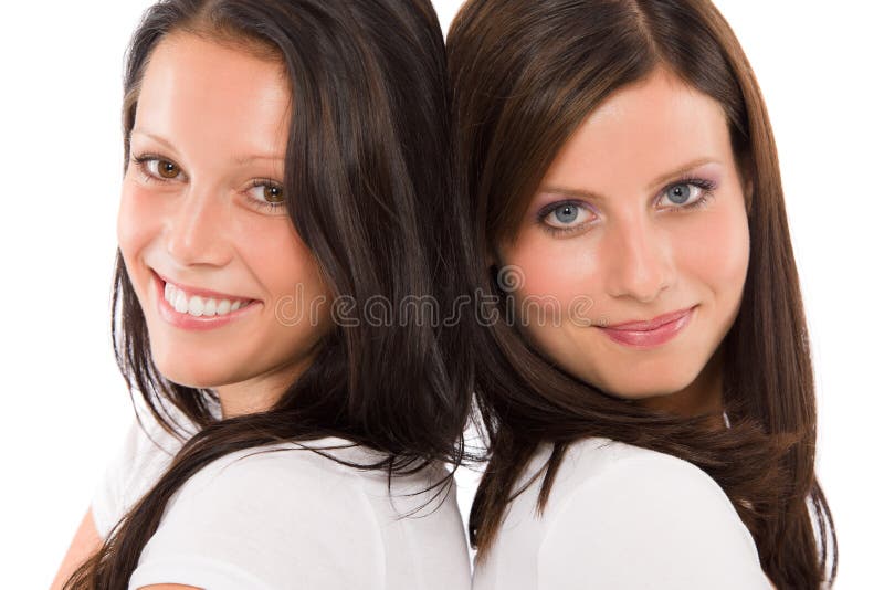 Two girlfriends beautiful model smiling portrait