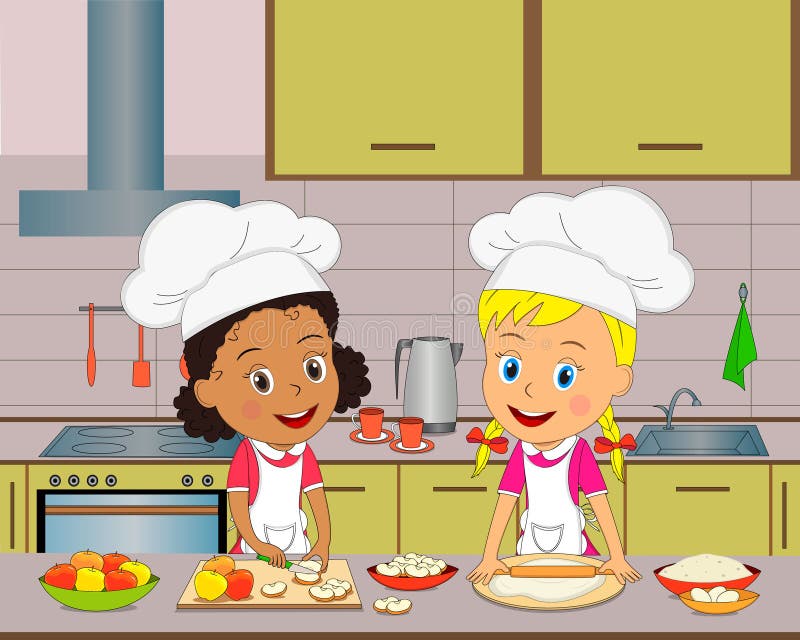 Two Girls Cook On The Kitchen Stock Vector Illustration Of Adorable