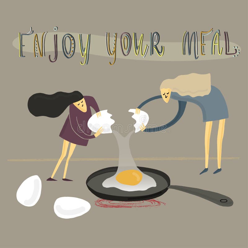 Two girls fry an egg. Stylized people. Vector illustration vector illustration Two girls fry an egg. Stylized people. Vector illustration vector illustration