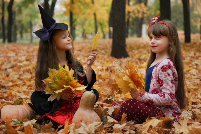Two Girls in Halloween Costumes Stock Photo - Image of daylight ...
