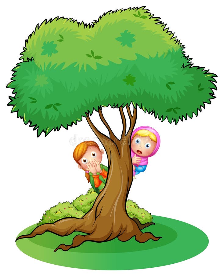 Two Girls Hiding at the Tree Stock Vector Illustration of green