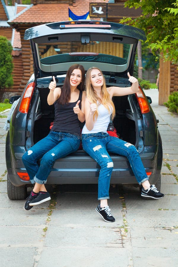Two Girls Posing In Car Stock Image Image Of Sitting 73988437