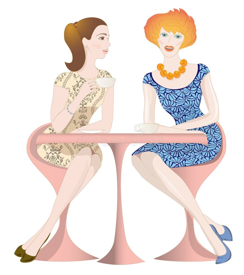 Two girls are sitting at the table talking and drinking coffee vector illustration Two girls are sitting at the table talking and drinking coffee vector illustration