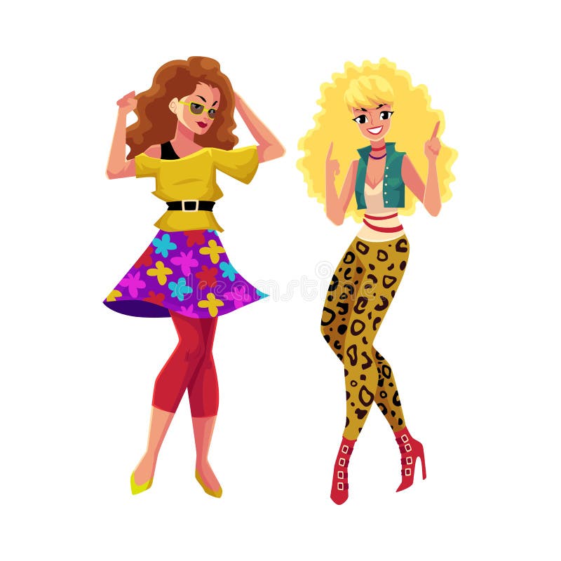 Two girls, women, friends in 1980s, eighties style clothes dancing disco, cartoon vector illustration isolated on white background. Girls, women in 80s style clothing dancing at retro disco party. Two girls, women, friends in 1980s, eighties style clothes dancing disco, cartoon vector illustration isolated on white background. Girls, women in 80s style clothing dancing at retro disco party