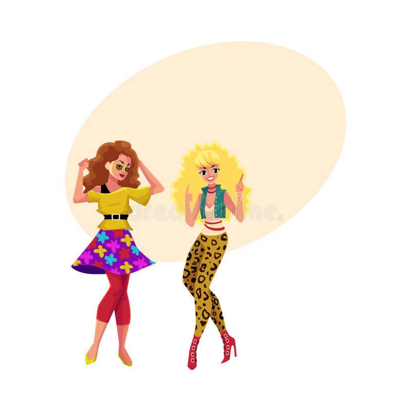 Two girls, women, friends in 1980s, eighties style clothes dancing disco, cartoon vector illustration with space for text. Girls, women in 80s style clothing dancing at retro disco party. Two girls, women, friends in 1980s, eighties style clothes dancing disco, cartoon vector illustration with space for text. Girls, women in 80s style clothing dancing at retro disco party