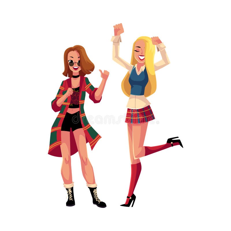 Two girls, women in 1990s, nineties grunge style clothes dancing disco, cartoon vector illustration isolated on white background. Girls, women in 90s style clothing dancing at retro disco party. Two girls, women in 1990s, nineties grunge style clothes dancing disco, cartoon vector illustration isolated on white background. Girls, women in 90s style clothing dancing at retro disco party