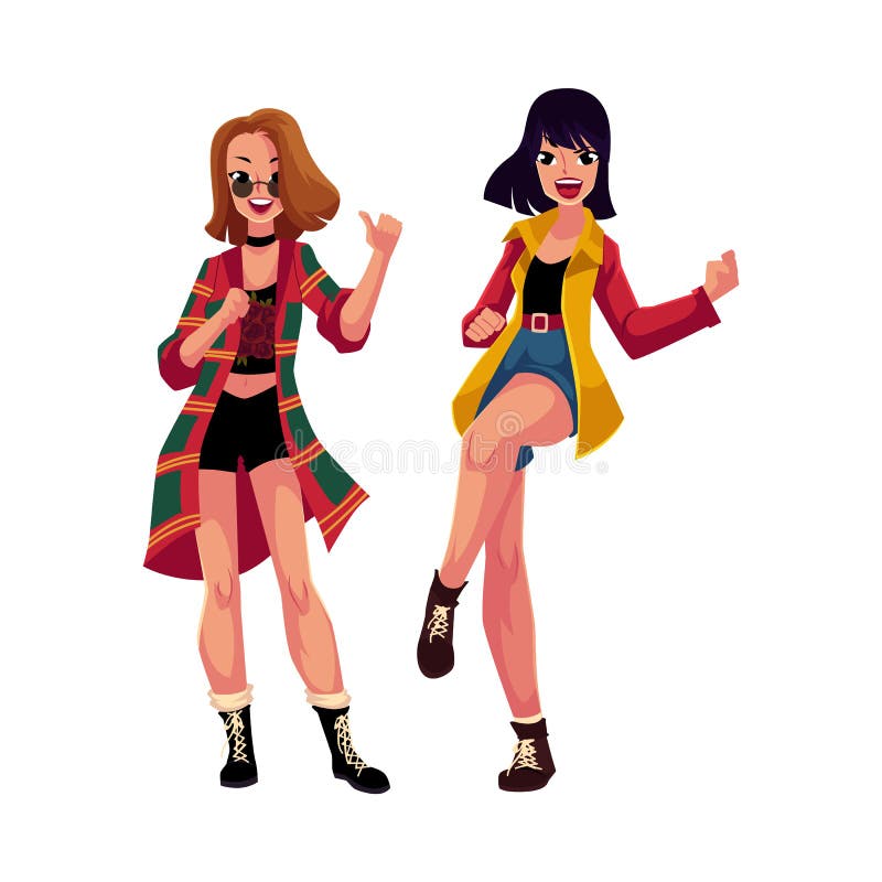 Two girls, women in 1990s, nineties grunge style clothes dancing disco, cartoon vector illustration on white background. Girls, women in 90s style clothing dancing at retro disco party. Two girls, women in 1990s, nineties grunge style clothes dancing disco, cartoon vector illustration on white background. Girls, women in 90s style clothing dancing at retro disco party