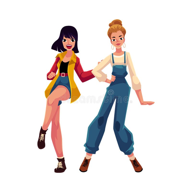 Two girls, women in 1990s, nineties style clothes, dancing disco, cartoon vector illustration isolated on white background. Girls, women in 90s style clothing dancing at retro disco party. Two girls, women in 1990s, nineties style clothes, dancing disco, cartoon vector illustration isolated on white background. Girls, women in 90s style clothing dancing at retro disco party