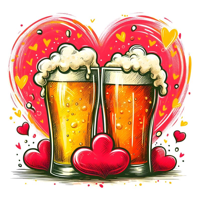 Two Glasses of Beer with Foam and Hearts. Vector Illustration in Sketch