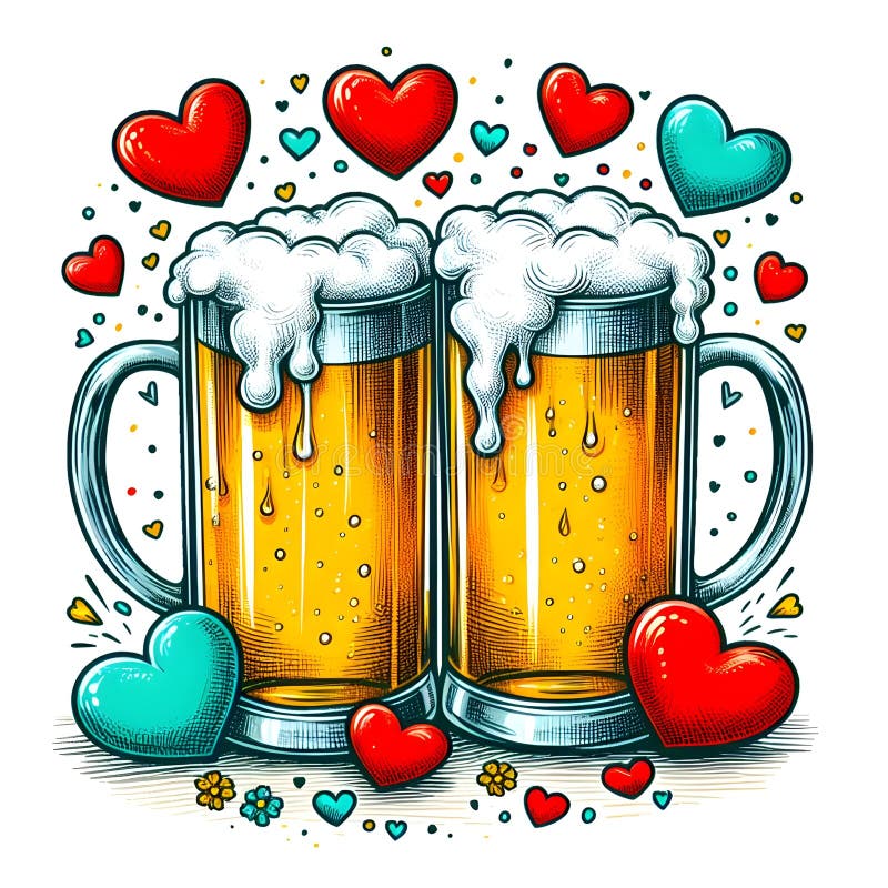 Two Glasses of Beer with Foam and Hearts. Vector Illustration in Sketch