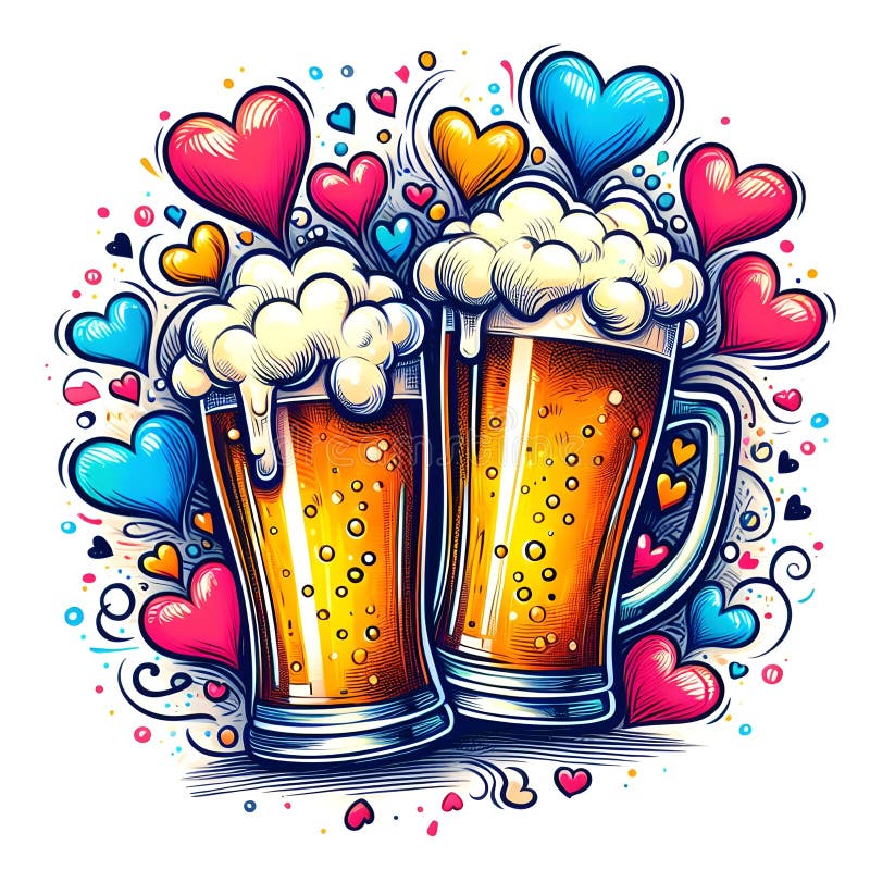 Two Glasses of Beer with Foam and Hearts. Vector Illustration in Sketch