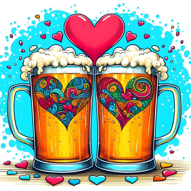 Two Glasses of Beer with Foam and Hearts. Vector Illustration in Sketch