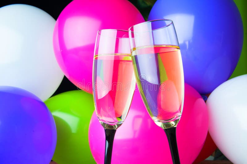 Download Two Glasses Of Champagne And Balloons On Party Stock Photo - Image of horizontal, sparkling ...