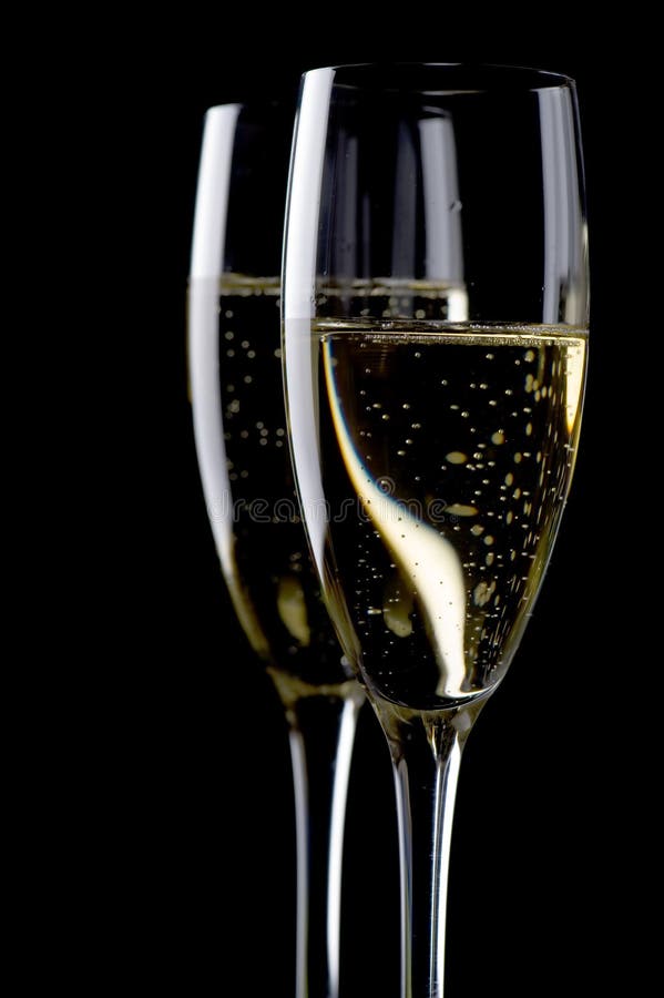 Two Glasses Champagne on Black Close Up Stock Photo Image of fizz