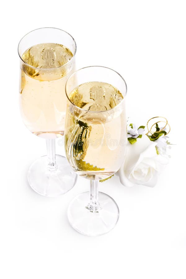 Two Glasses of Champagne and Bouquet Flowers Stock Image Image of