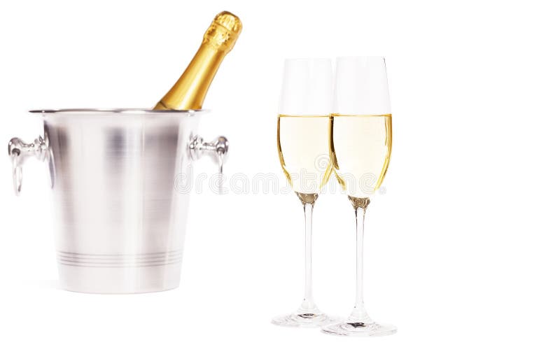 Two glasses of champagne with a champagne bucket