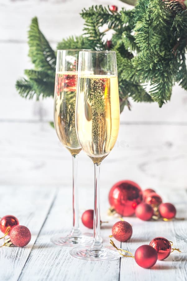 Two Glasses of Champagne with Christmas Tree Stock Photo Image of