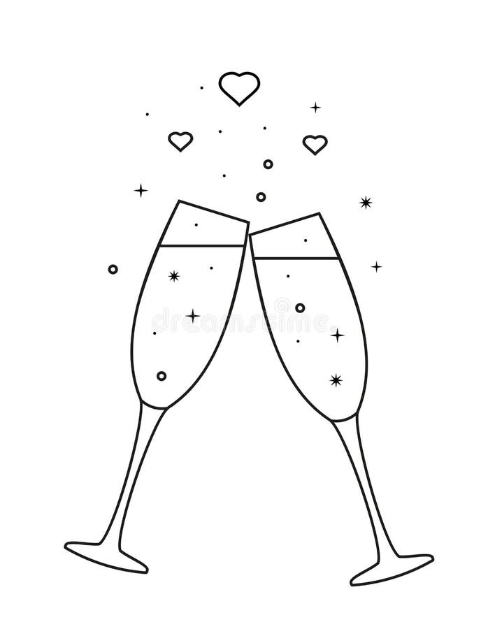 Two Glasses of Champagne Icon. Line Drawing Stock Vector Illustration