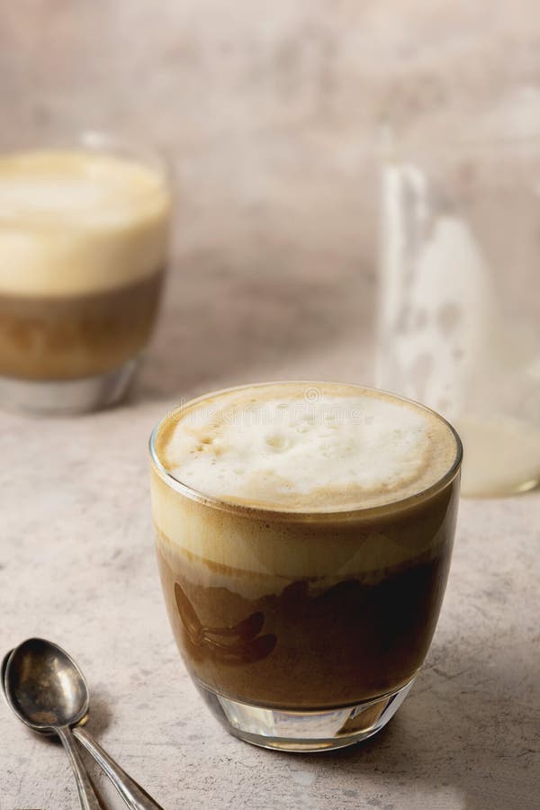 Two Glasses of Coffee Drink with Whipped Milk, Latte Hot Drink Stock