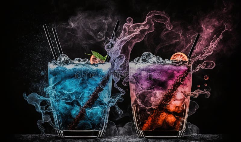 Two glasses of colorful liquid with ice and orange slices on a black background vector illustration