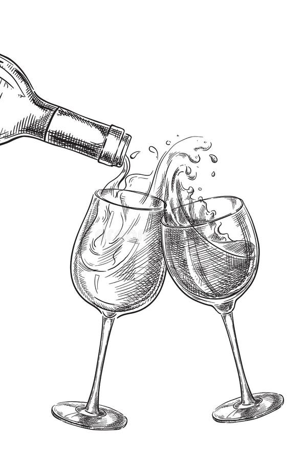Two glasses with drinks. Wine pouring from bottle into glass, sketch vector illustration.
