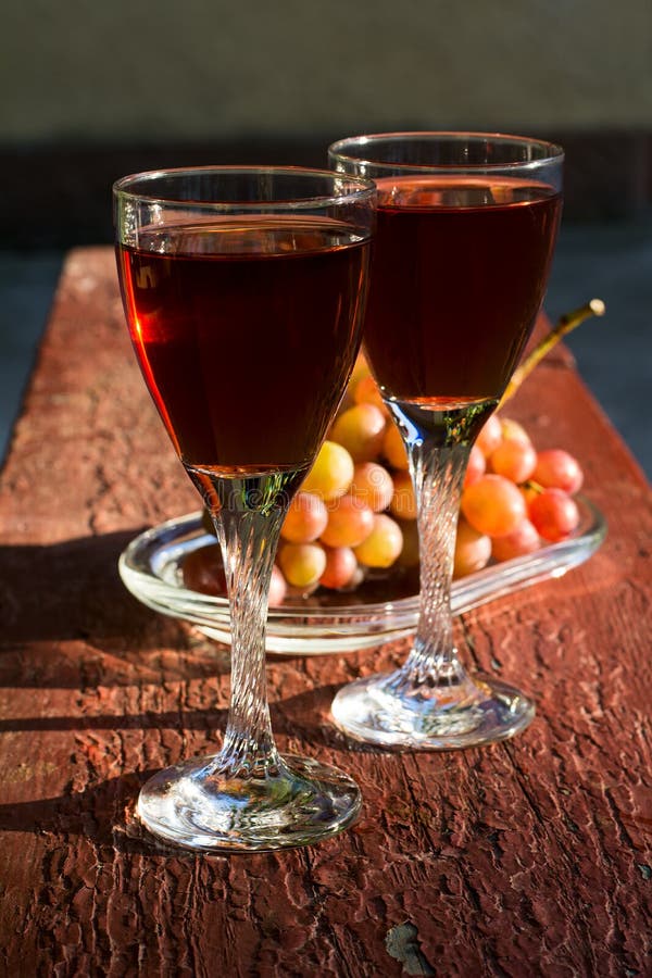 Two Glasses of Homemade Rose Wine and Grapes Stock Photo Image of