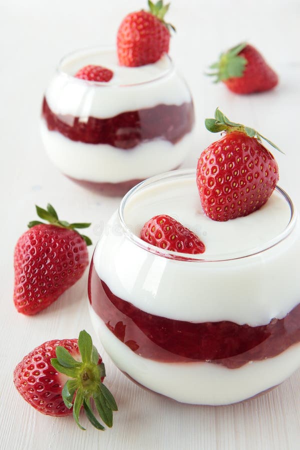 Two Glasses of Milk and Strawberry Dessert Stock Image Image of