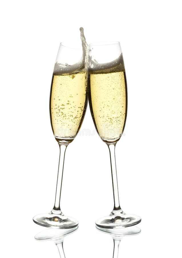 Two glasses of sparkling wine, clinking, over white. Two glasses of sparkling wine, clinking, over white