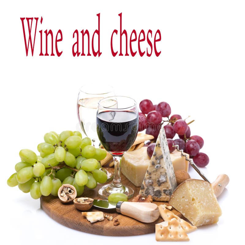 Two glasses of wine, grapes and cheese assortment