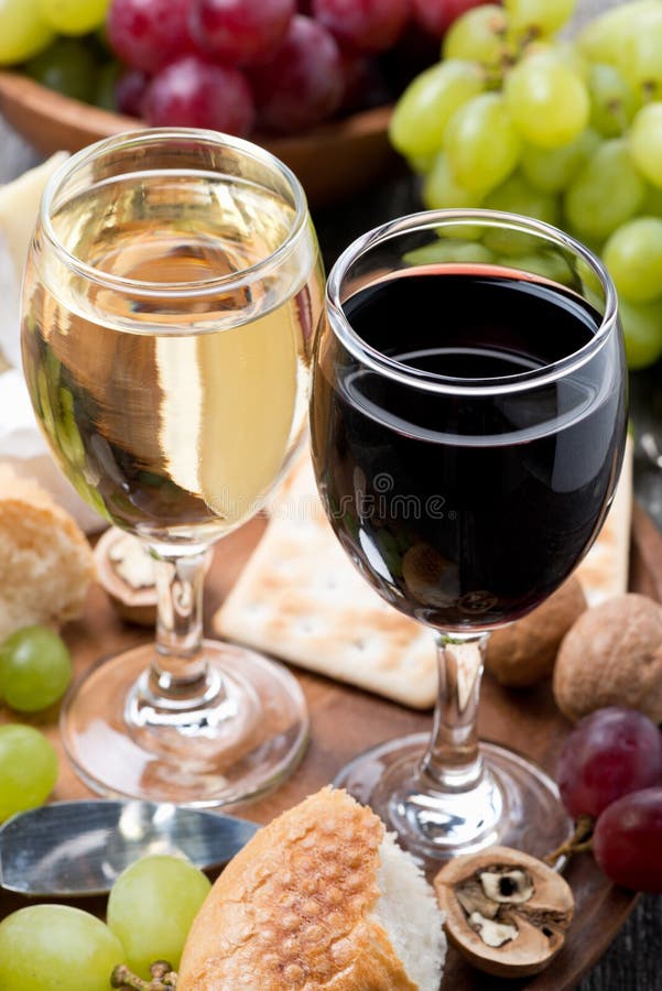 Two Glasses of Wine, Grapes and Snacks, Closeup Stock Photo Image of