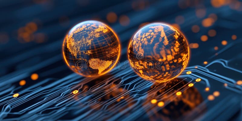 Two glowing digital spheres with circuit patterns on futuristic background stock illustration