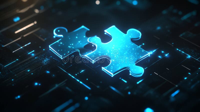 Two glowing puzzle pieces representing connection in digital space stock images