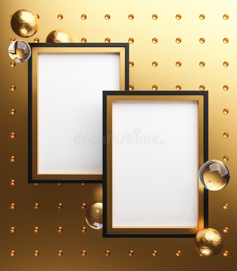 Two Gold Frames Elegant Mock Up Poster Template. Glass Golden Bubbles
