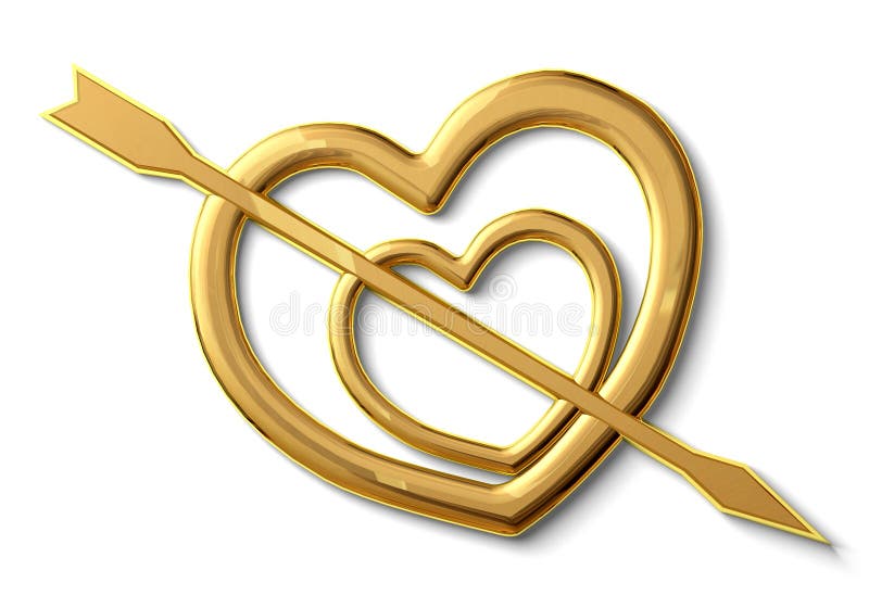 Two gold hearts punched by an arrow symbol of love