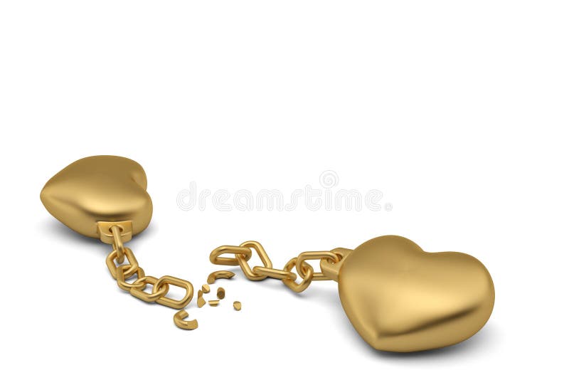 Two gold hearts with broken chains on white background.3D illustration. royalty free illustration Two gold hearts with broken chains on white background.3D illustration. royalty free illustration