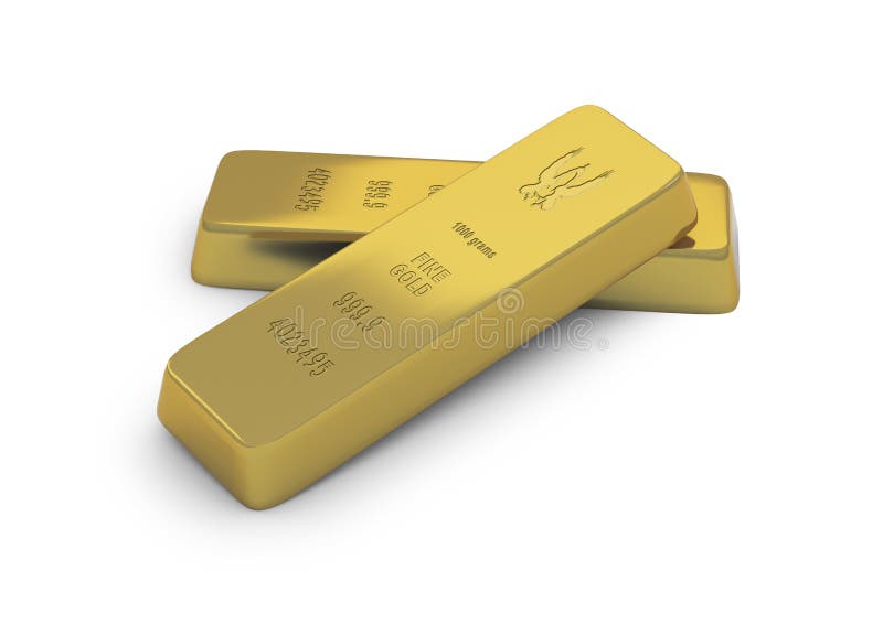 Two gold ingots or bullion on white background