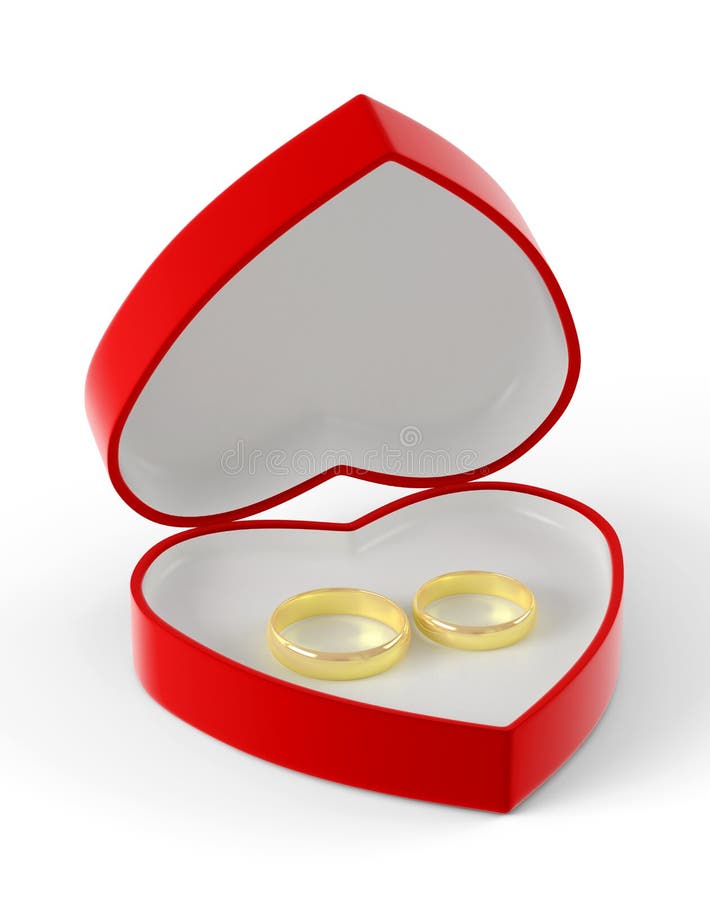 Two gold wedding rings lying in a red heart-shaped box. royalty free illustration Two gold wedding rings lying in a red heart-shaped box. royalty free illustration