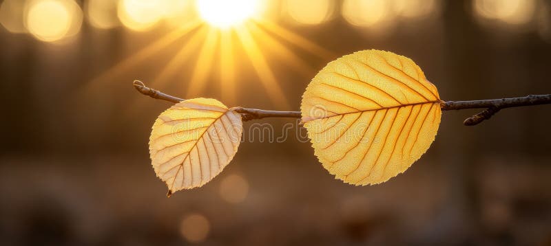 Two Golden Autumn Leaves on a Branch, Backlit by a Setting Sun, Soft Bokeh Background, Generated by AI