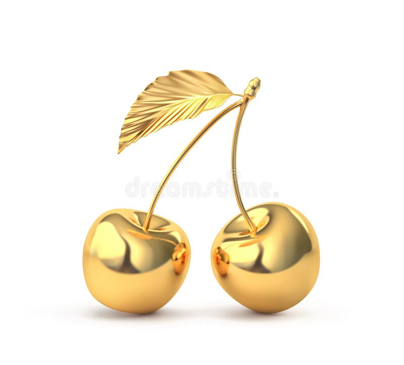 Two Golden Cherries with Cherry Leaf Isolated on White. Clipping Path