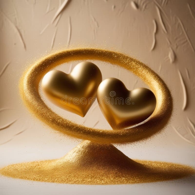 Two golden hearts levitating in a shimmering gold dust cloud on a mocha brown backdrop. royalty free stock photography