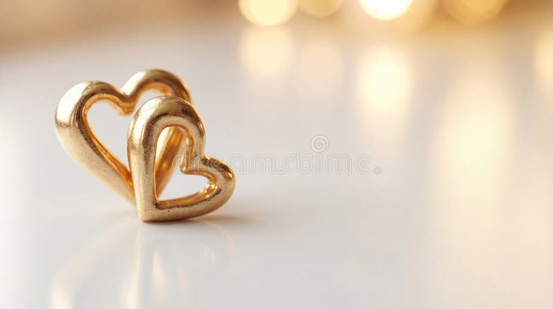 Two golden hearts on a reflective surface with a warm bokeh background royalty free stock photography