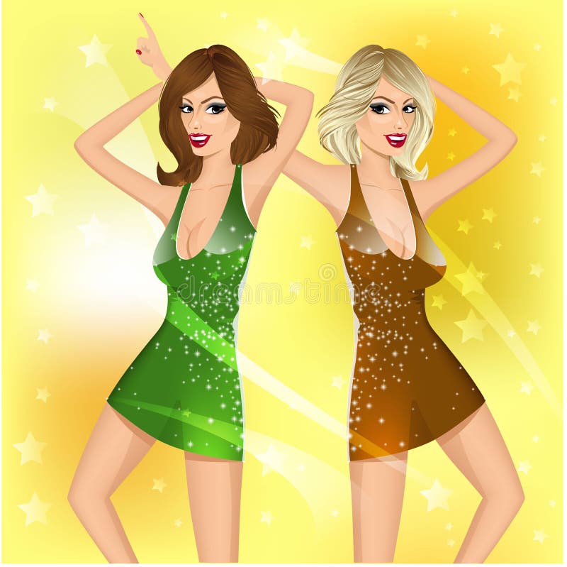 Portrait of two gorgeous brunette and blond girls dancing disco music in nightclub