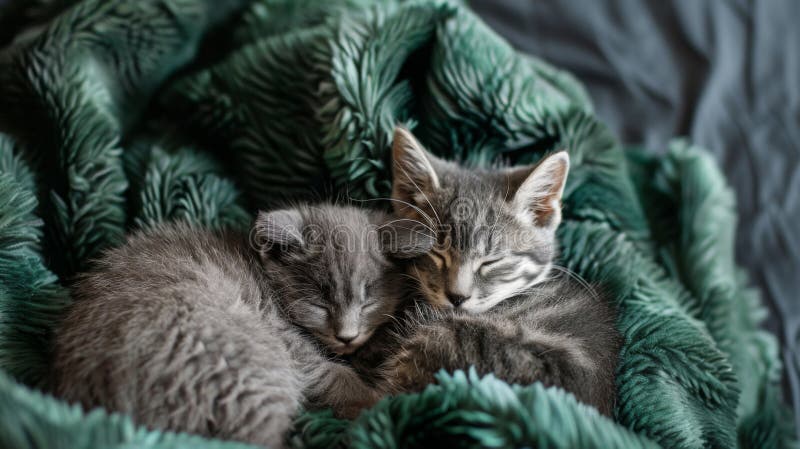 Două pisicuțe gri care se îmbracă într-o pătură verde royalty free stock images