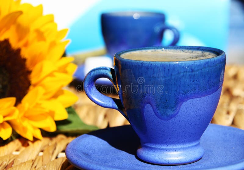 Two greek cups of coffee with a sunflower.