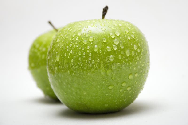 Two Green Apples w/ Raindrops (Side View)