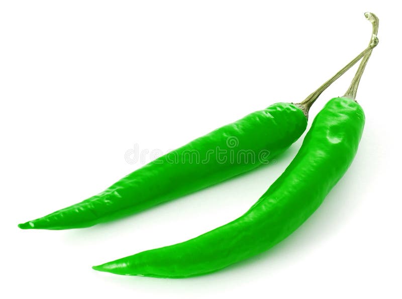 Two green chili peppers isolated on white background