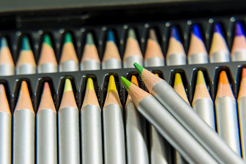 Two Green Colored Pencils from a Crayon Case Stock Photo Image of