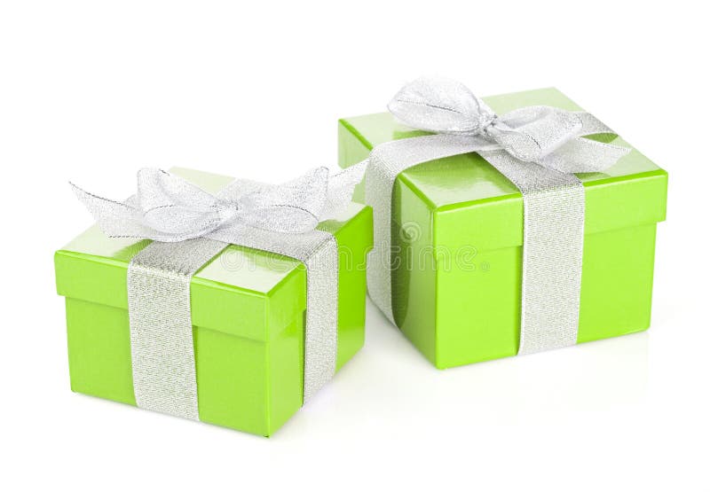 Two Green Gift Boxes with Silver Ribbon and Bow Stock Photo Image of