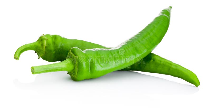 Two green hot peppers isolated on a white background